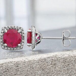 Lab Created Ruby Halo Earrings in 925 Sterling Silver